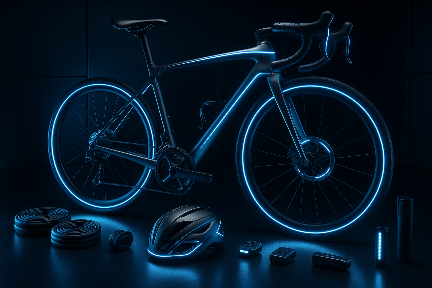 Génere une image pour ma catégorie "vélo" avec un vélo avec par exemple des Led bleu avec un style futuriste, réaliste. Je veux que tu mette en avant aussi les accessoires (chambre à air, casque) 